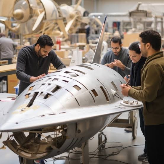 Futuristic aerospace engineering laboratory with engineers inspecting an advanced unmanned aircraft